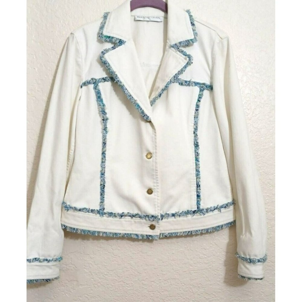 Dana Buchman 6 White Blue Tweed Fringe Original Cotton Twill Blazer Jean Jacket